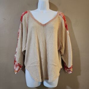 Hummingbird Womens Dolman Raglan Waffle Knit Sweater Size S Oversized V-Neck